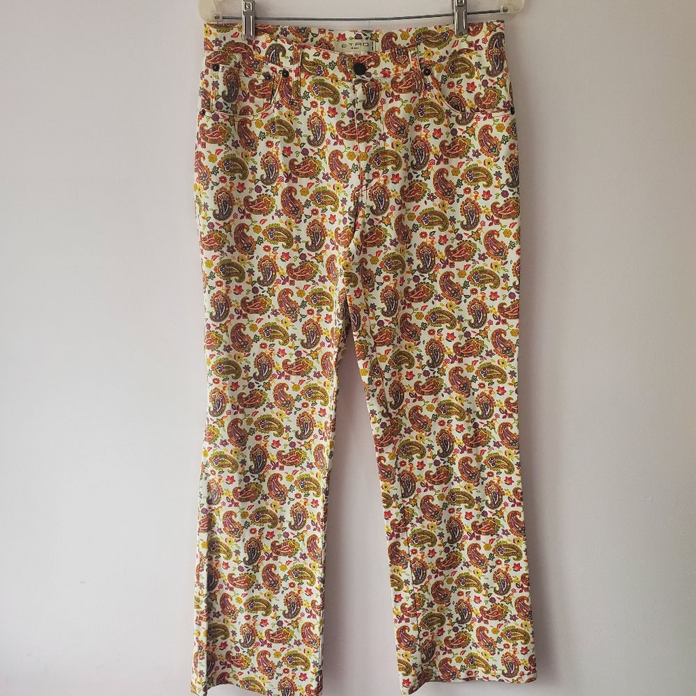 Etro Milano Cotton Blend Off-White Paisley Print Pants Boho Hippie Italy 44/8 US